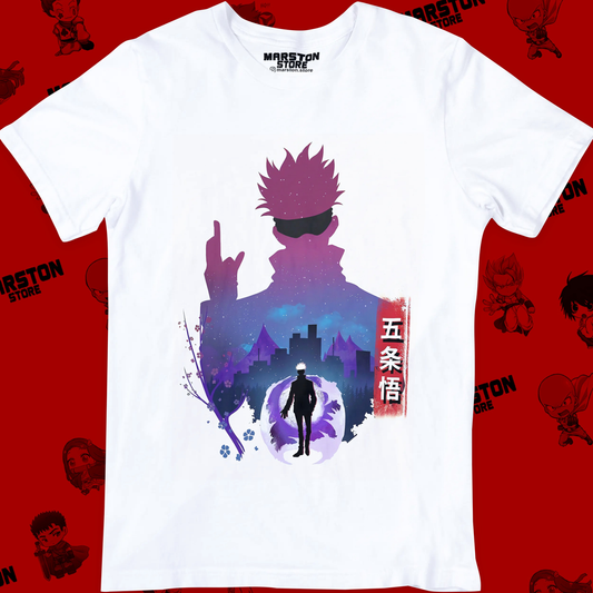 Polera blanca Jujutsu Kaisen con diseño de Satoru Gojo