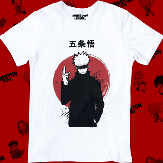 Polera blanca Jujutsu Kaisen con diseño de Satoru Gojo