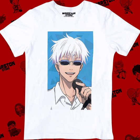 Polera blanca Jujutsu Kaisen con diseño de Satoru Gojo