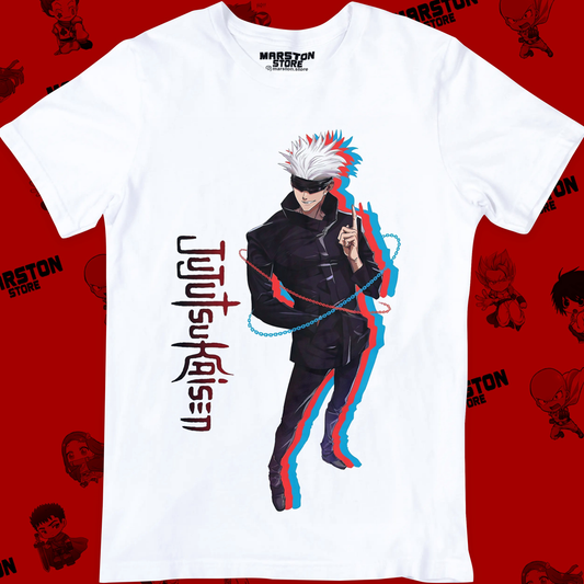 Polera blanca Jujutsu Kaisen con diseño de Satoru Gojo
