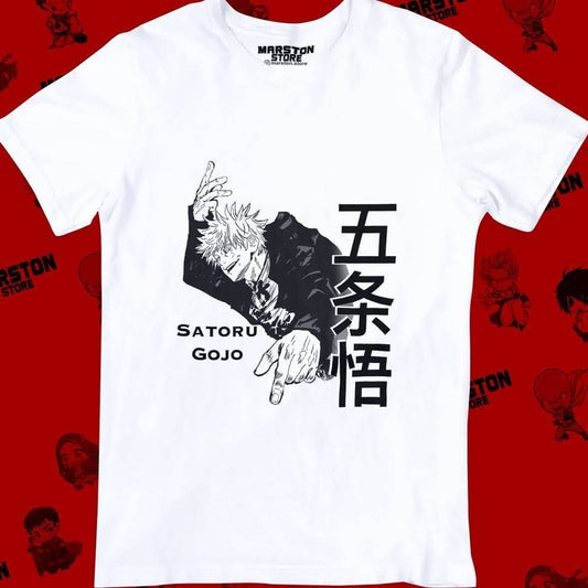 Polera blanca Jujutsu Kaisen con diseño de Satoru Gojo
