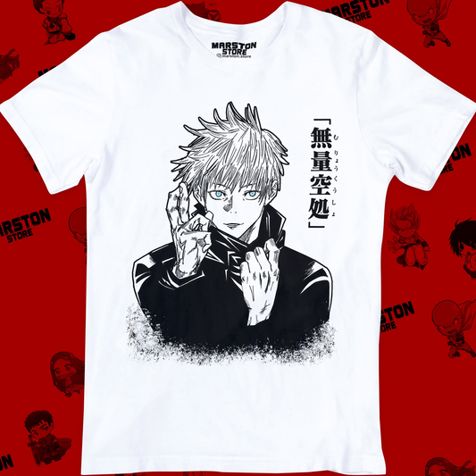 Polera blanca Jujutsu Kaisen con diseño de Satoru Gojo