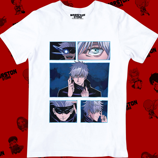 Polera blanca Jujutsu Kaisen con diseño de Satoru Gojo