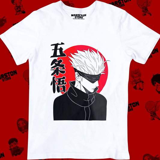 Polera blanca Jujutsu Kaisen con diseño de Satoru Gojo