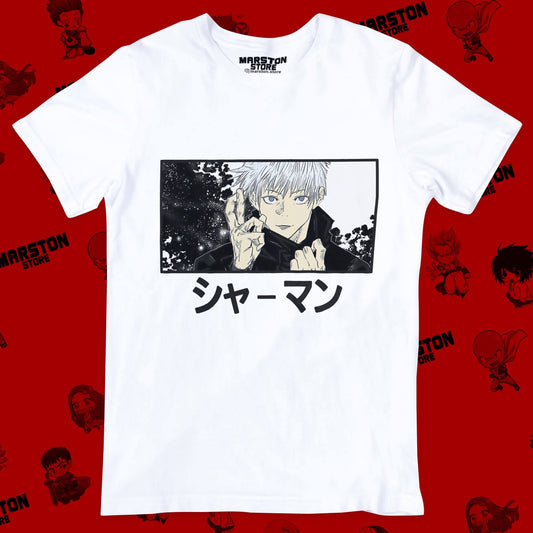 Polera blanca Jujutsu Kaisen con diseño de Satoru Gojo