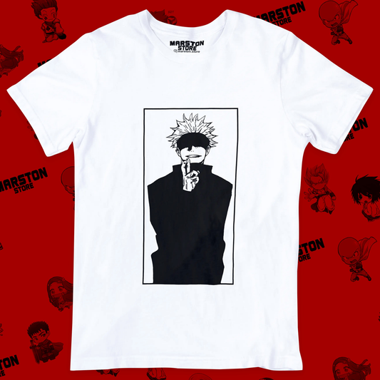 Polera blanca Jujutsu Kaisen con diseño de Satoru Gojo