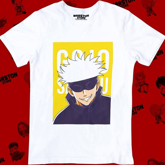 Polera blanca Jujutsu Kaisen con diseño de Satoru Gojo