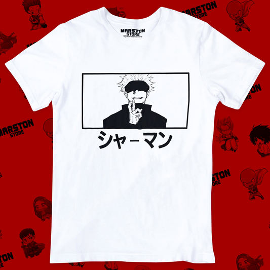 Polera blanca Jujutsu Kaisen con diseño de Satoru Gojo