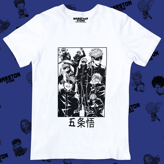 Polera blanca Jujutsu Kaisen con diseño de Satoru Gojo