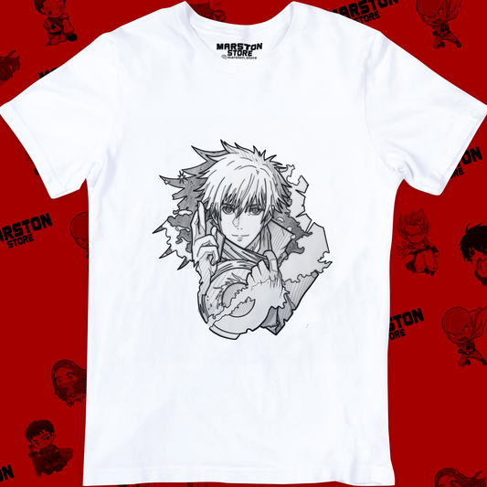 Polera blanca Jujutsu Kaisen con diseño de Satoru Gojo