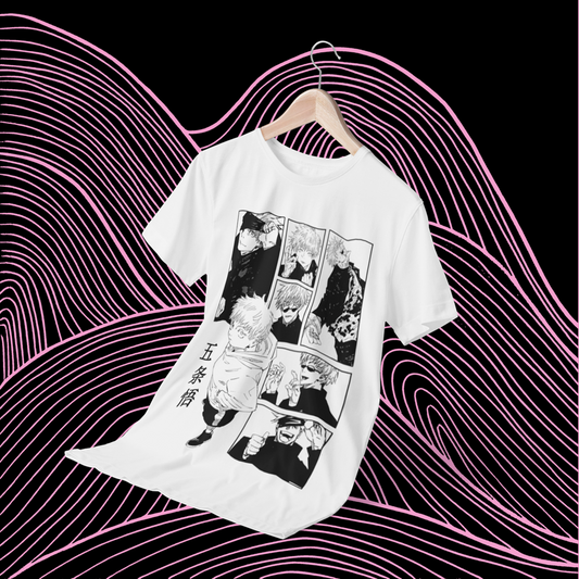 Polera blanca Jujutsu Kaisen con diseño de Satoru Gojo