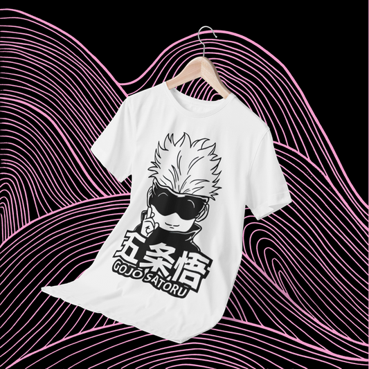 Polera blanca Jujutsu Kaisen con diseño de Satoru Gojo