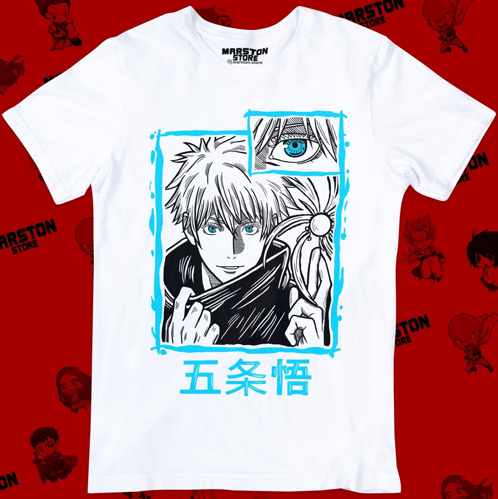 Polera blanca Jujutsu Kaisen con diseño de Satoru Gojo