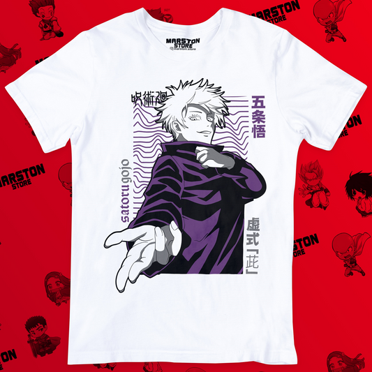 Polera blanca Jujutsu Kaisen con diseño de Satoru Gojo