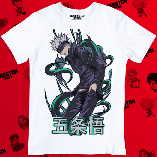 Polera blanca Jujutsu Kaisen con diseño de Satoru Gojo