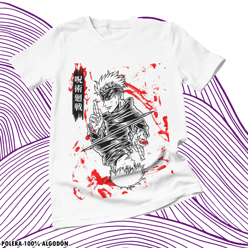 Polera blanca Jujutsu Kaisen con diseño de Satoru Gojo