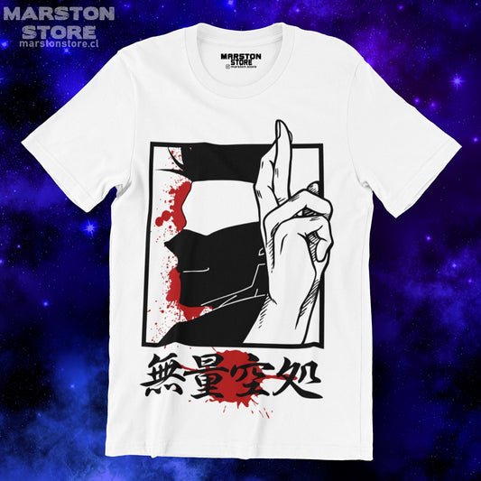 Polera blanca Jujutsu Kaisen con diseño de Satoru Gojo
