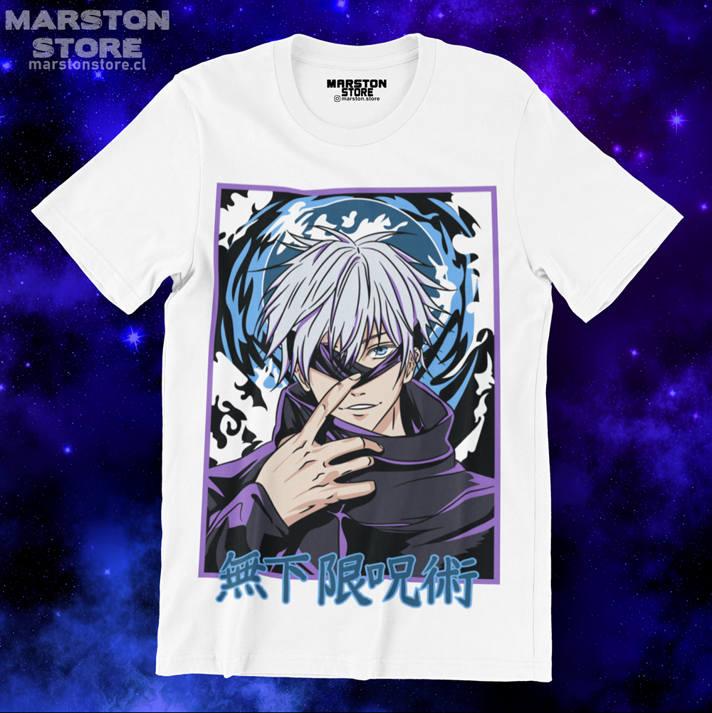 Polera blanca Jujutsu Kaisen con diseño de Satoru Gojo