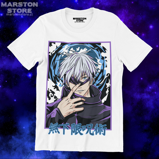 Polera blanca Jujutsu Kaisen con diseño de Satoru Gojo