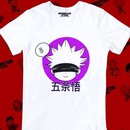 Polera blanca Jujutsu Kaisen con diseño de Satoru Gojo