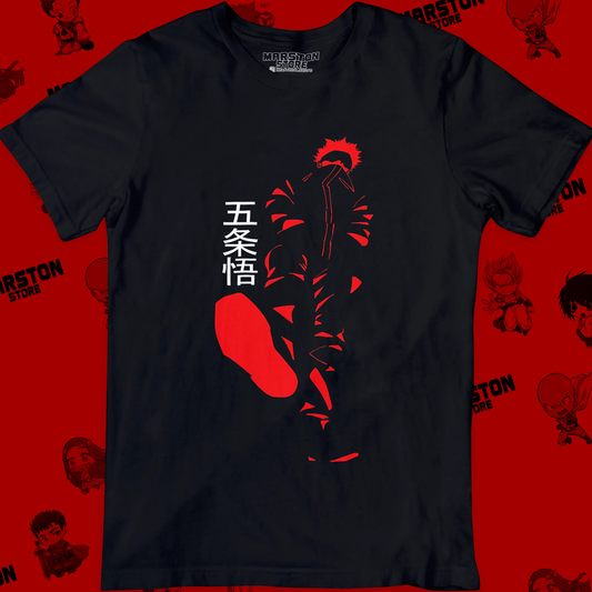 Polera negra Jujutsu Kaisen con diseño de Satoru Gojo