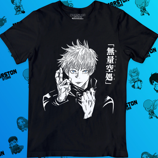 Polera negra Jujutsu Kaisen con diseño de Satoru Gojo