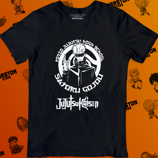 Polera negra Jujutsu Kaisen con diseño de Satoru Gojo