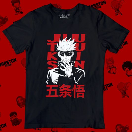 Polera negra Jujutsu Kaisen con diseño de Satoru Gojo