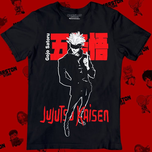 Polera negra Jujutsu Kaisen con diseño de Satoru Gojo