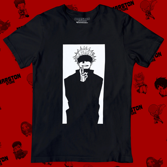 Polera negra Jujutsu Kaisen con diseño de Satoru Gojo