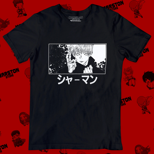 Polera negra Jujutsu Kaisen con diseño de Satoru Gojo