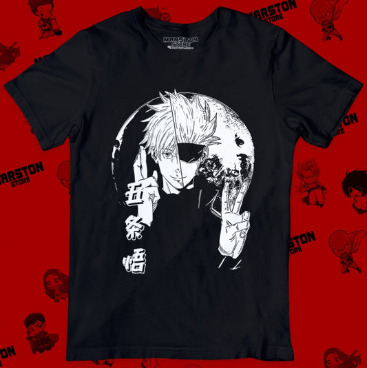 Polera negra Jujutsu Kaisen con diseño de Satoru Gojo