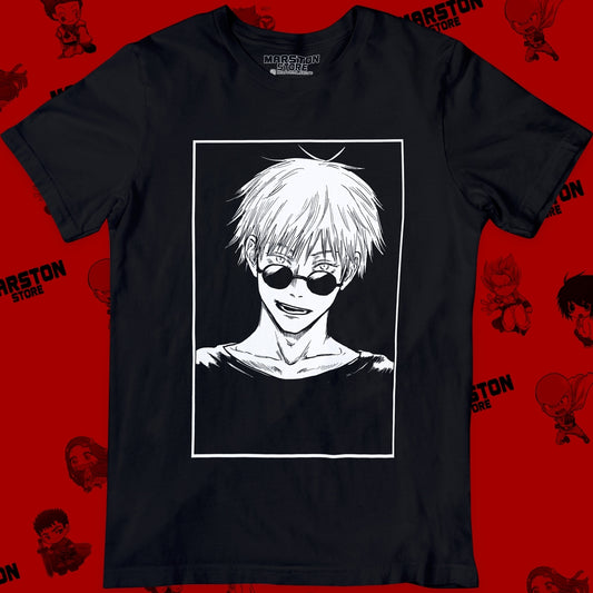 Polera negra Jujutsu Kaisen con diseño de Satoru Gojo