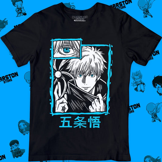 Polera negra Jujutsu Kaisen con diseño de Satoru Gojo