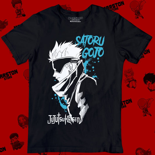Polera negra Jujutsu Kaisen con diseño de Satoru Gojo