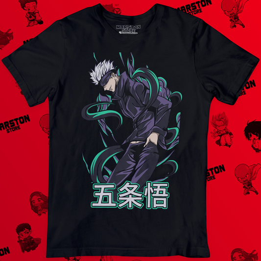 Polera negra Jujutsu Kaisen con diseño de Satoru Gojo