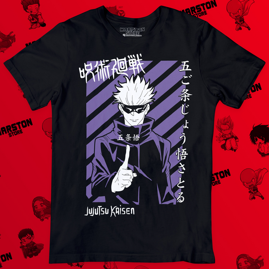 Polera negra Jujutsu Kaisen con diseño de Satoru Gojo