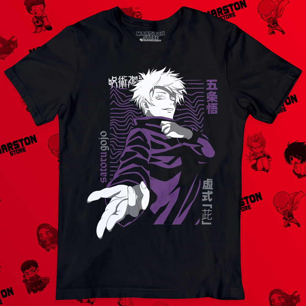 Polera negra Jujutsu Kaisen con diseño de Satoru Gojo