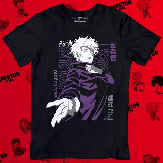 Polera negra Jujutsu Kaisen con diseño de Satoru Gojo