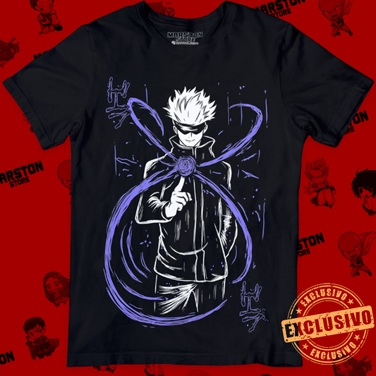 Polera negra Jujutsu Kaisen con diseño de Satoru Gojo