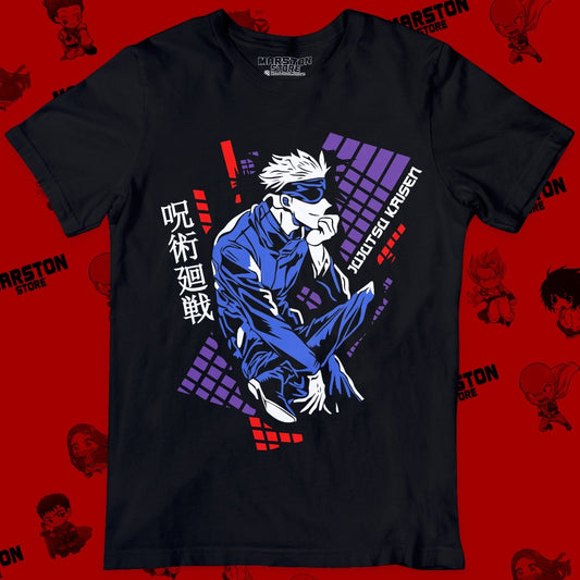 Polera negra Jujutsu Kaisen con diseño de Satoru Gojo