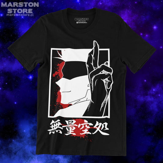 Polera negra Jujutsu Kaisen con diseño de Satoru Gojo