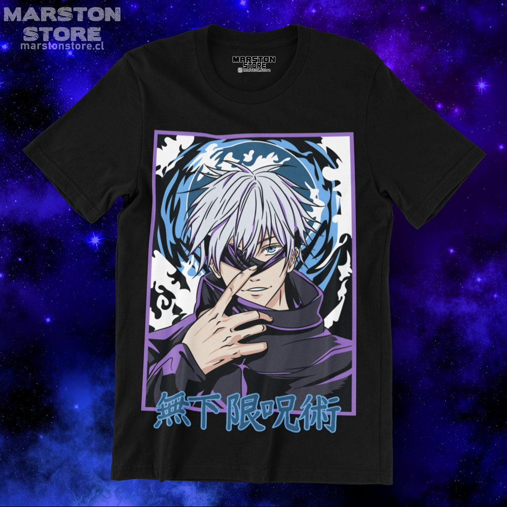 Polera negra Jujutsu Kaisen con diseño de Satoru Gojo