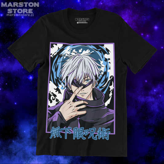 Polera negra Jujutsu Kaisen con diseño de Satoru Gojo