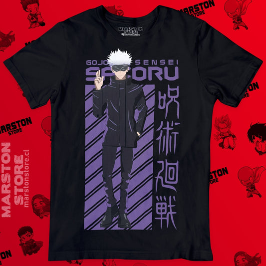 Polera negra Jujutsu Kaisen con diseño de Satoru Gojo