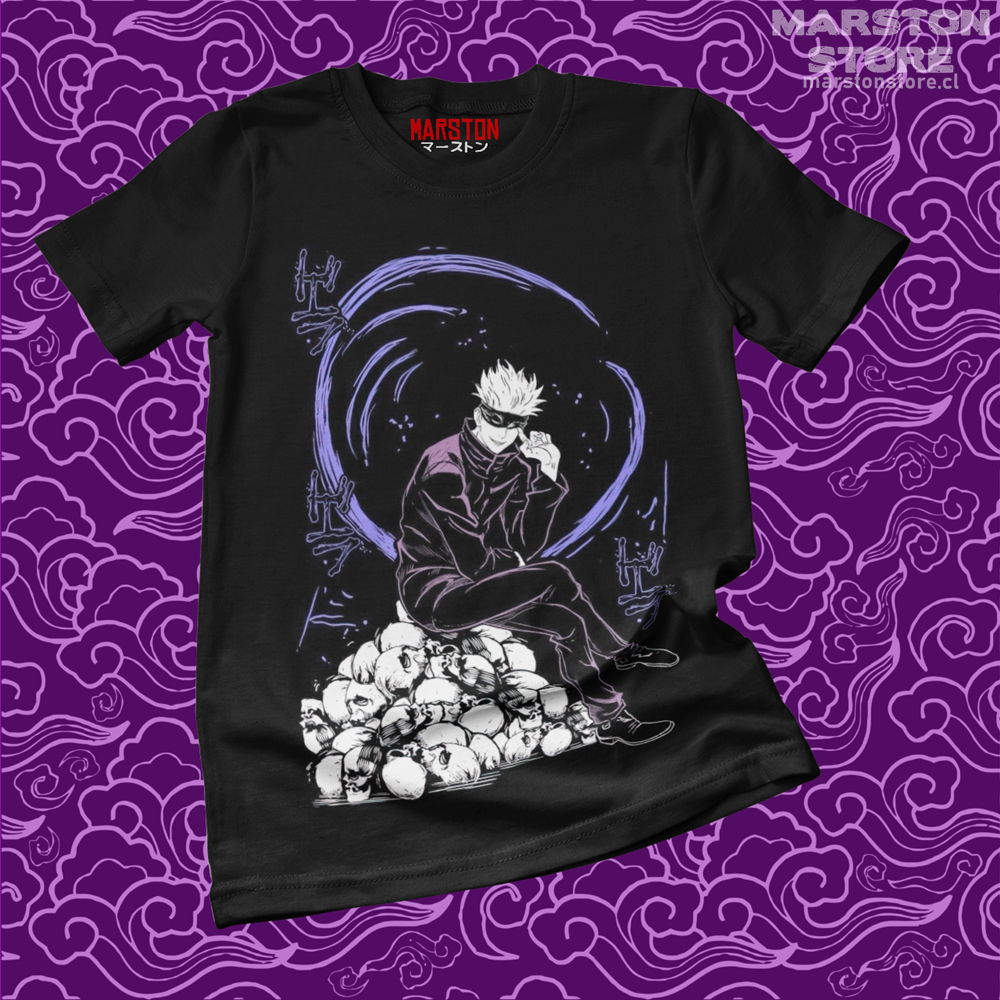 Polera negra Jujutsu Kaisen con diseño de Satoru Gojo
