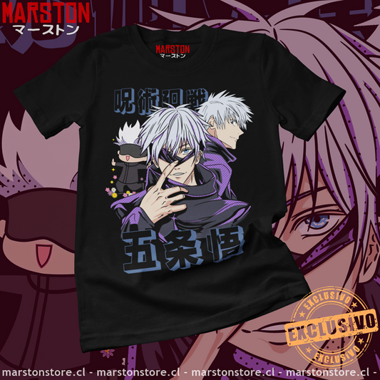 Polera negra Jujutsu Kaisen con diseño de Satoru Gojo