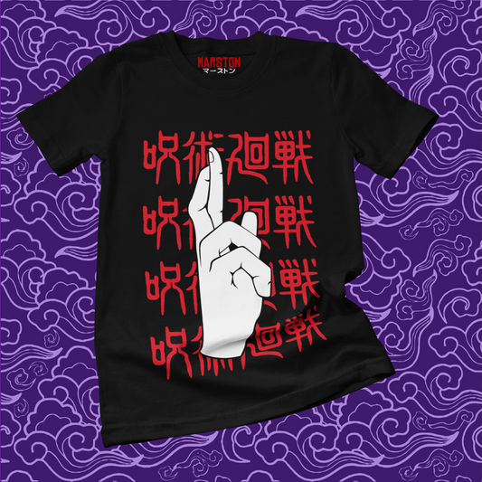 Polera negra Jujutsu Kaisen con diseño de Satoru Gojo