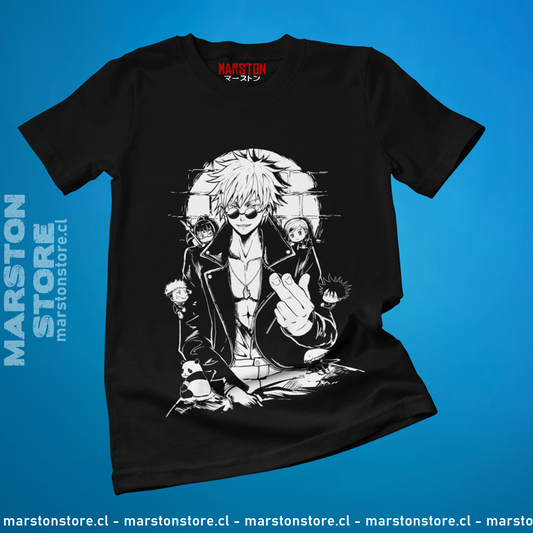 Polera negra Jujutsu Kaisen con diseño de Satoru Gojo