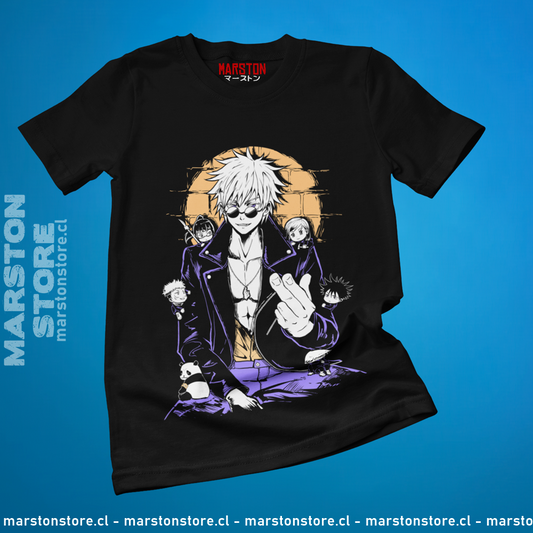 Polera negra Jujutsu Kaisen con diseño de Satoru Gojo